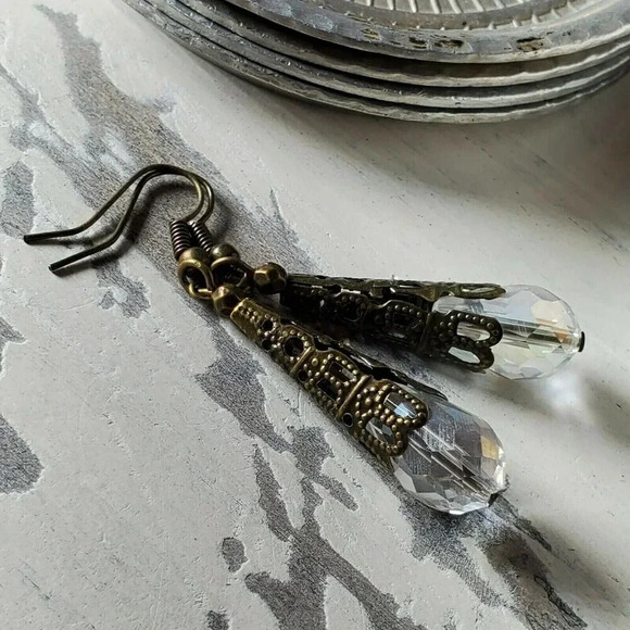 Faceted Clear Luster Crystal Antique Bronze Filigree Teardrop Earrings - Picture 7 of 9